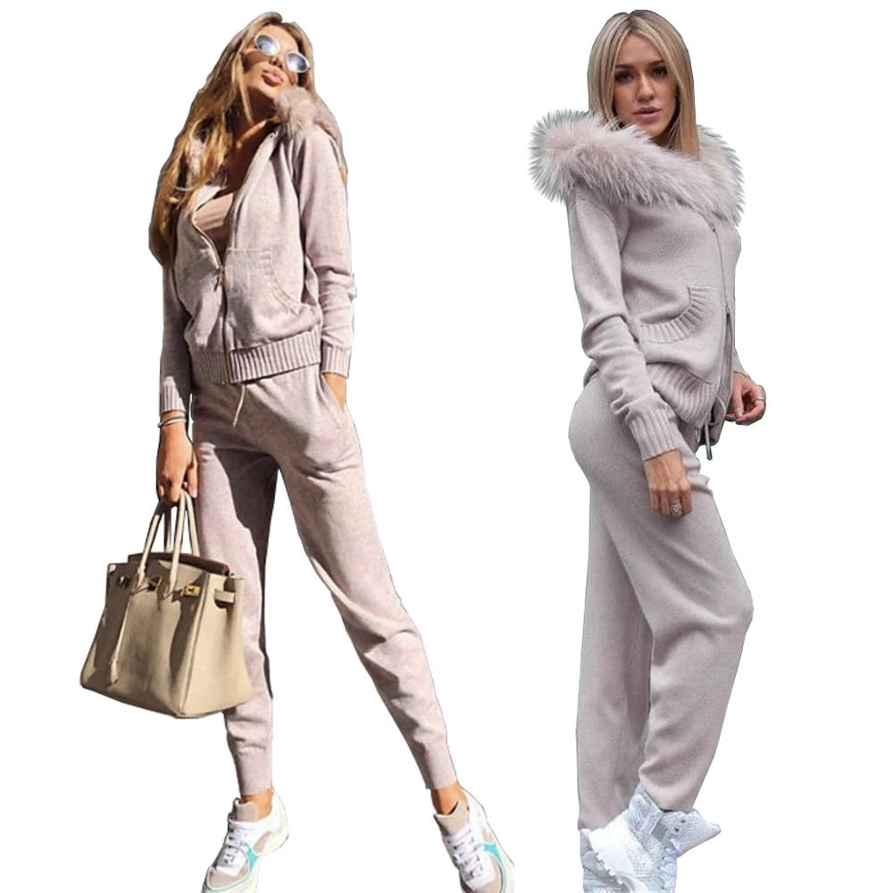 

Zipper Tracksuit Winter Knitted Suit for Women Sweater Set Pant Suit Womens Knitted Two Piece Sets Hooded Sweater Two Piece Set