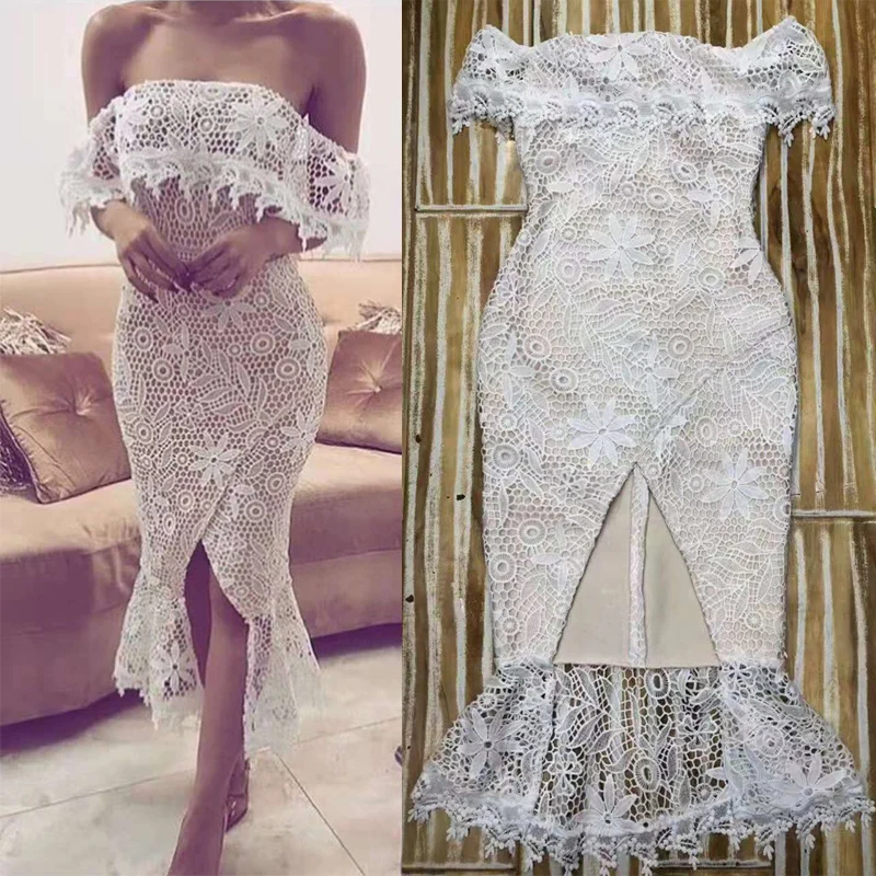 

Elegant Slash Neck White Lace Dress High Quality Off Shoulder Bodycon Midi Autumn Wedding Party Dress Women Vestidos Wholesale