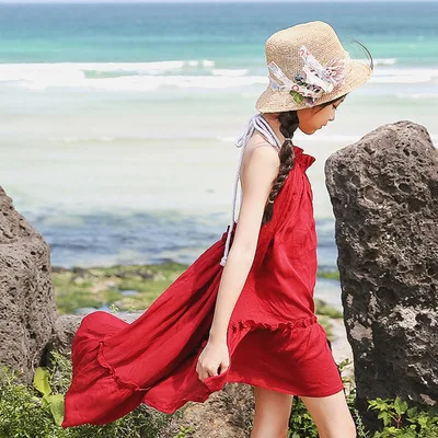 

Girls Summer Dress Beach Dresses Solid Red Yellowe Irregular Casual Dress Cute Sexy Back Vestidos de ninas verano Playa 5-13Y