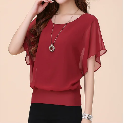 

Plus Size New Summer Women Shirts Short Sleeve Chiffon Slim Bat Blouse Shirt White Purple Blue Black Wine Red 8509