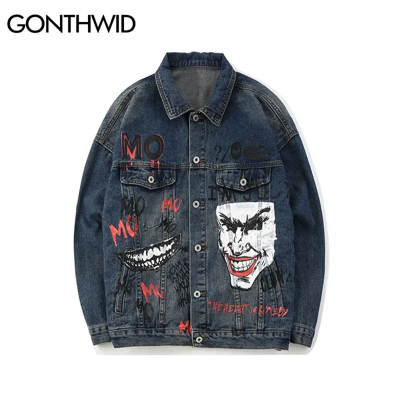Gonthwid Pria Joker Dicetak Denim Jaket 