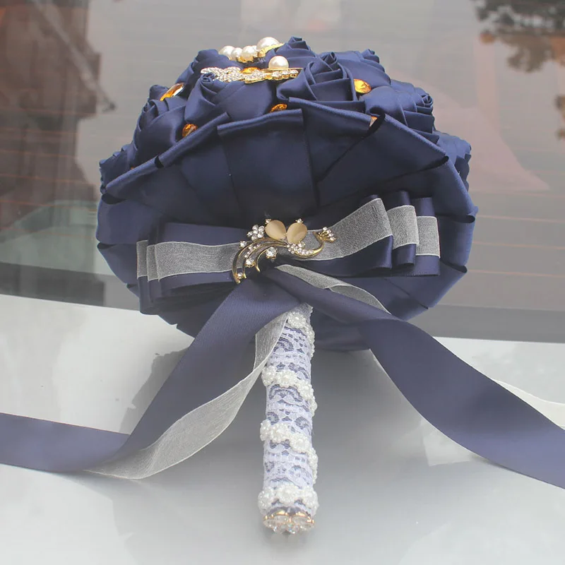 Wifelai-золото с яркими блестками Шелковый Свадебный букет насыщенного ярко-синего цвета лентой букеты de noiva ручная работа из атласа букет несколько Цвет W227