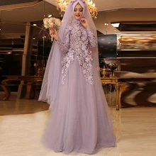 Muslim Evening Dress 2017 Robe De Soiree A line Pink Tulle Appliques Women Formal Gowns Long Sleeves Hijab Evening Dresses