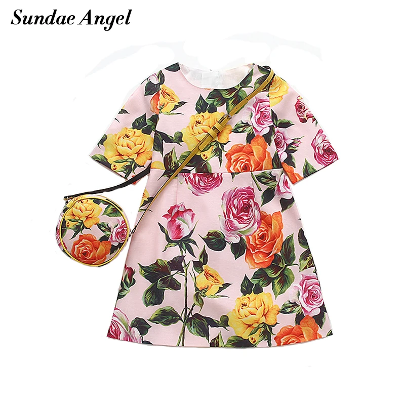 

Sundea Angel Summer Dress For Girls with Bag Short Sleeve Print Rose Flowers Pattern Toddler Girl Princess Dressess Clothes 2-8Y