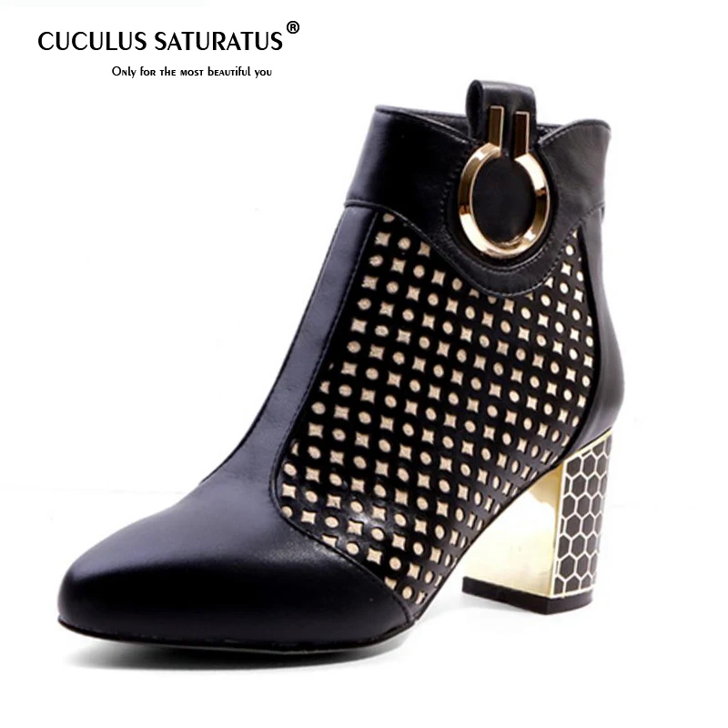 

Cuculus Size 34-42 Women Genuine Leather Boots Winter Female Mixed Color Polka Dot Shoes Woman High Heel Short Boots 1221