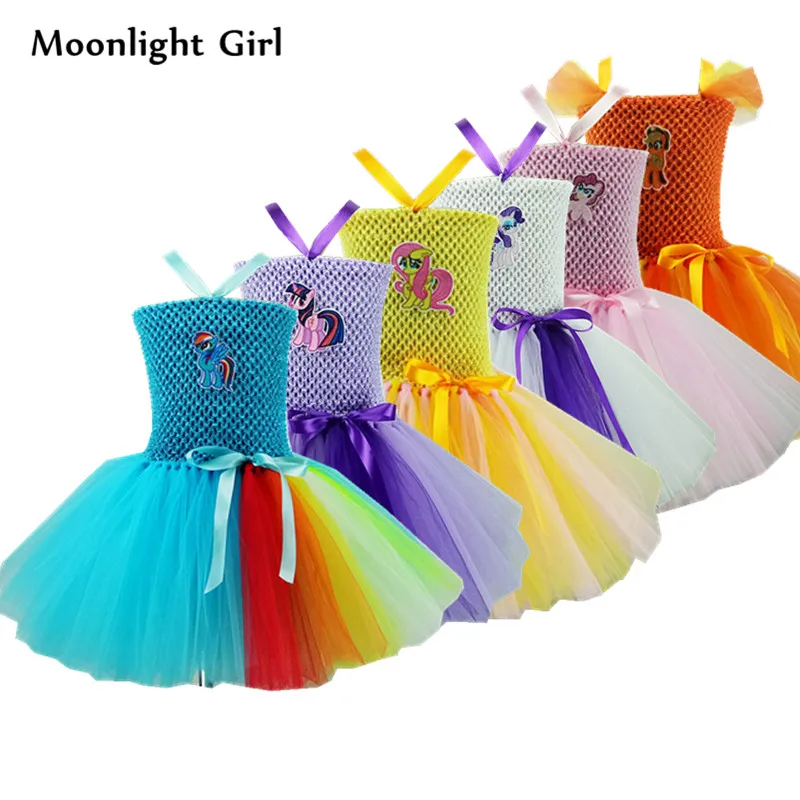 Радужное платье с изображением пони и единорога; платье-пачка для девочек; мультяшный Радужный Единорог; костюм на Хэллоуин; Детские праздничные платья; MK024