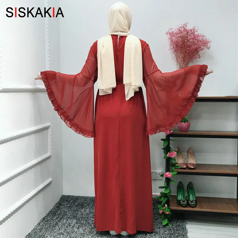 Женское платье кушак Siskakia длинное однотонное с широким рукавом шифоновое поясом