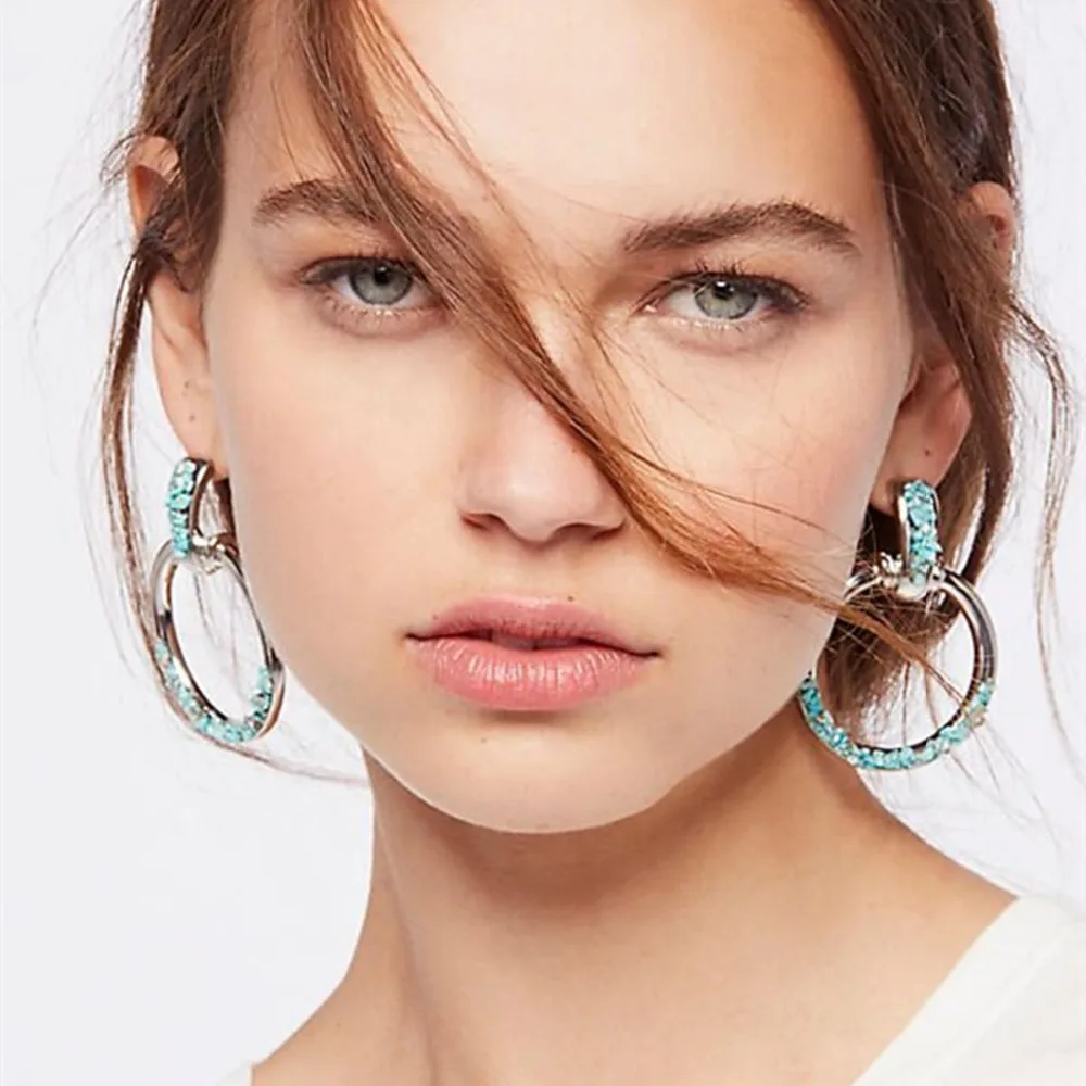 Fashion Korean Statement Earrings Turquoises Round Drop Earrings for Women Geometric Dangles