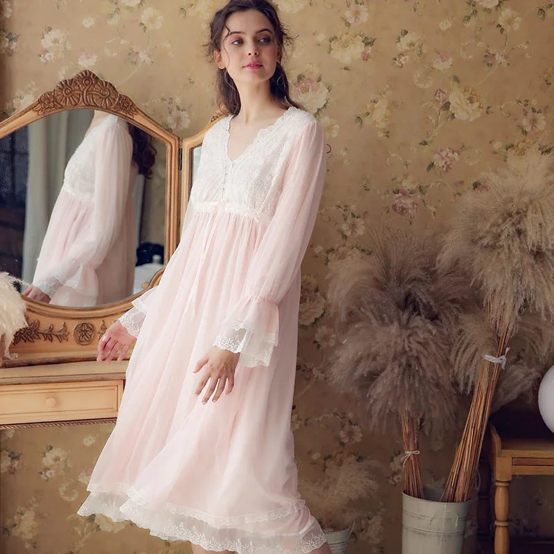 European Palace Style Vintage Night Dress Plus Size Lace Sleepwear New Spring Long Pink Cotton Nightgowns Elegant Home | Женская одежда