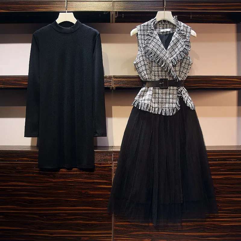 Размера плюс осенне-зимнее платье костюм Новое Элегантное платье комплекты тонкое модное платье комплект из 2 предметов