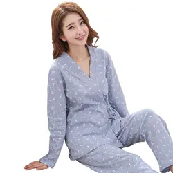 Новый 100% хлопок Для женщин пижамы Наборы для ухода за кожей отложной воротник для Отдыха Кардиган женский пижамы для M-XXL топы с длинными