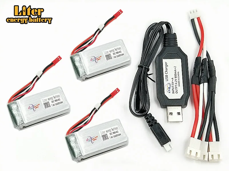 3 шт. 7,4 В 1600 мАч Lipo батарея с USB зарядное устройство для FT009 RC лодка 12428 литий-полимерный аккумулятор 25c 903462 2 S JST SM T PLUG