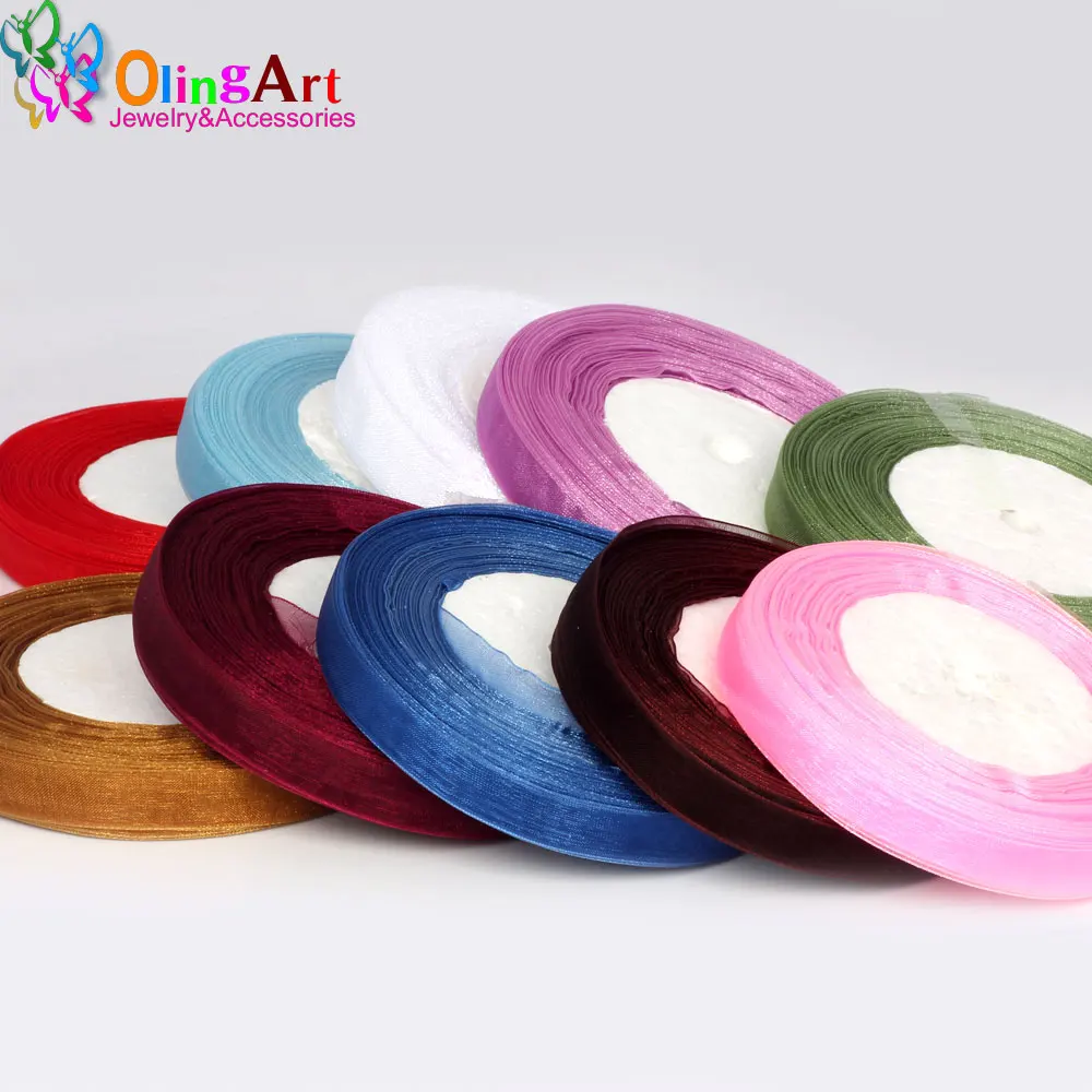Olingart 12mm 5m/rolls Multicolor Rope Necklace Silk Organza Polyester Ribbon For Wedding Party