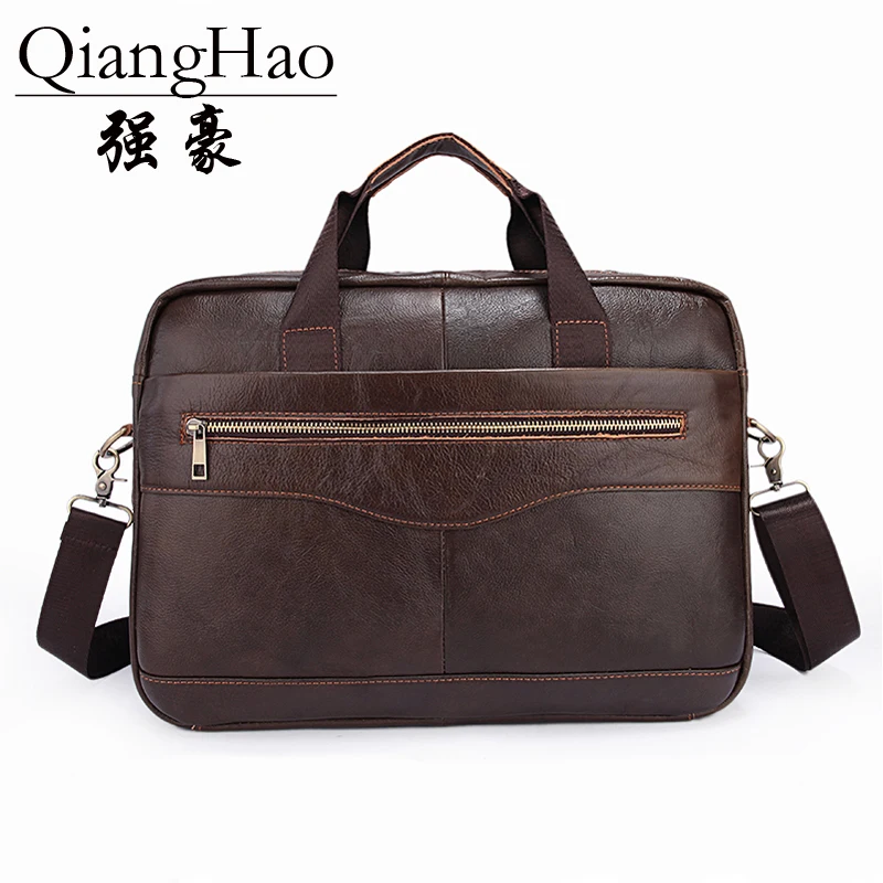 

QiangHao 100% Genuine Leather Men Bags Business Laptop male bags Men's Briefcase casual Tote Shoulder Handbag Men's travel bag
