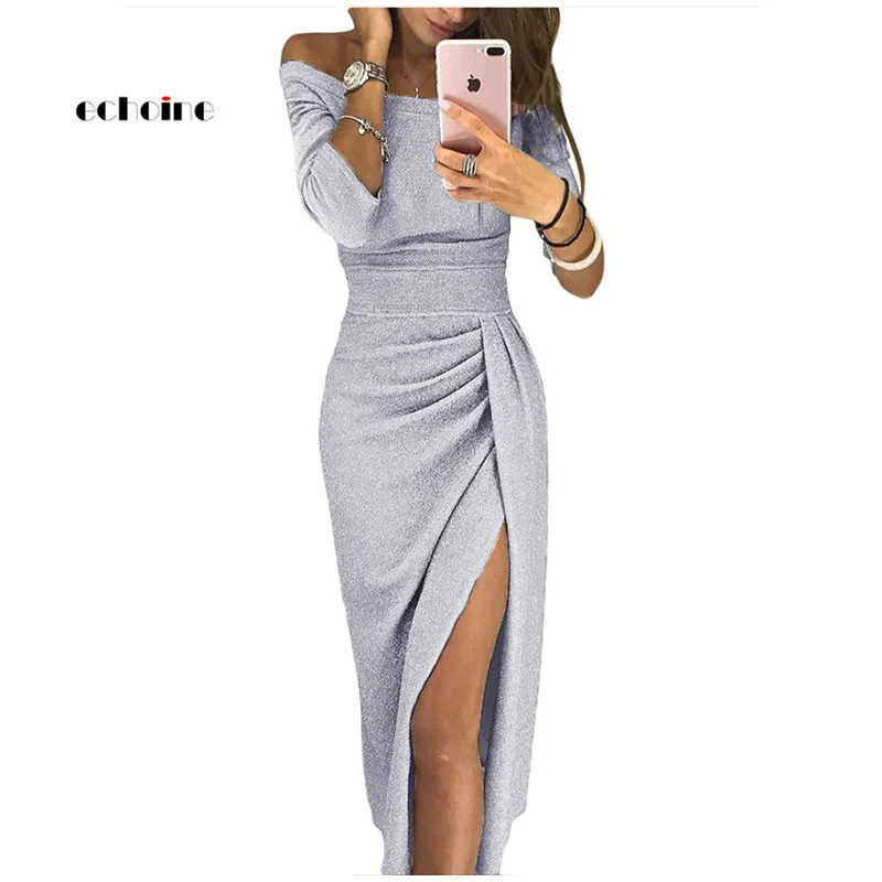 Echoine بريق معدني قبالة الكتف اللباس الرسمي النساء مائل الرقبة تكدرت عالية طولية مساء حزب Vestidos مثير أنيقة الزي