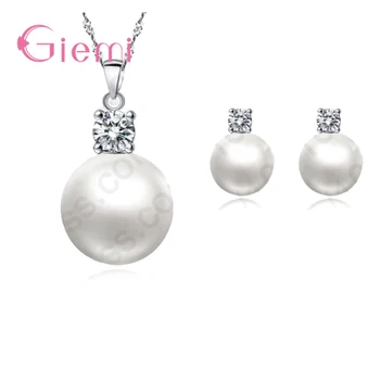 

New Top Quality 925 Sterling Silver Jewelry Set Pearls With Crystals Pendant Necklace Stud Earrings For Women Wedding