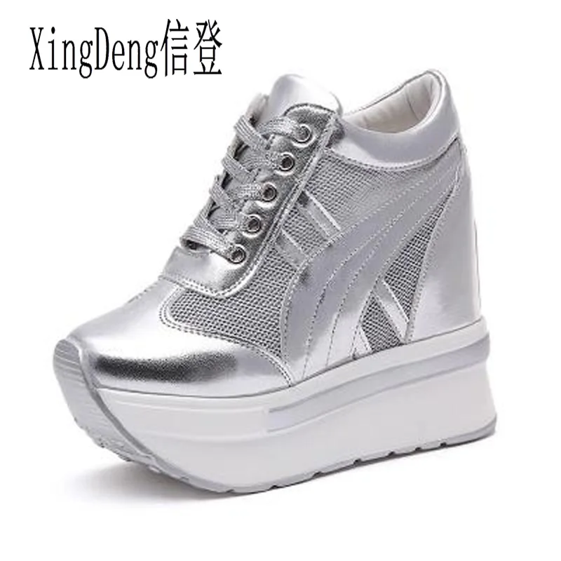 

XingDeng Lady Height Increasing Shoes Size 35-39 Women Summer Flat Platform Wedge Shoes Girl Lace Up Hidden Heels