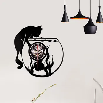

2019 Cat Fish Tank Decorative Creative Style Non-Ticking Silent Antique Rubber Wall Clock Decorative Home Living Room L523