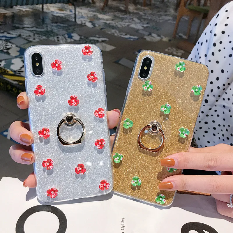 Luxury DIY Handmade Flower Cover for Samsung A3 A5 A7 2016 2017 A8 2018 A750 Bling Glitter Finger Ring Flash powder Case |
