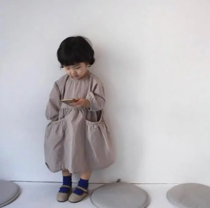 Коллекция года, корейское осеннее хлопковое платье для девочек с большим карманом и длинными рукавами для отдыха