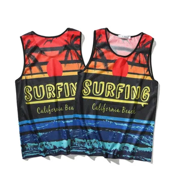 

New Men Surf Tank Tops Sleeveless Shirt Summer Mesh Breathable Beach Wear Sunset Beach Printed Vest Boards Undershirt Jersey