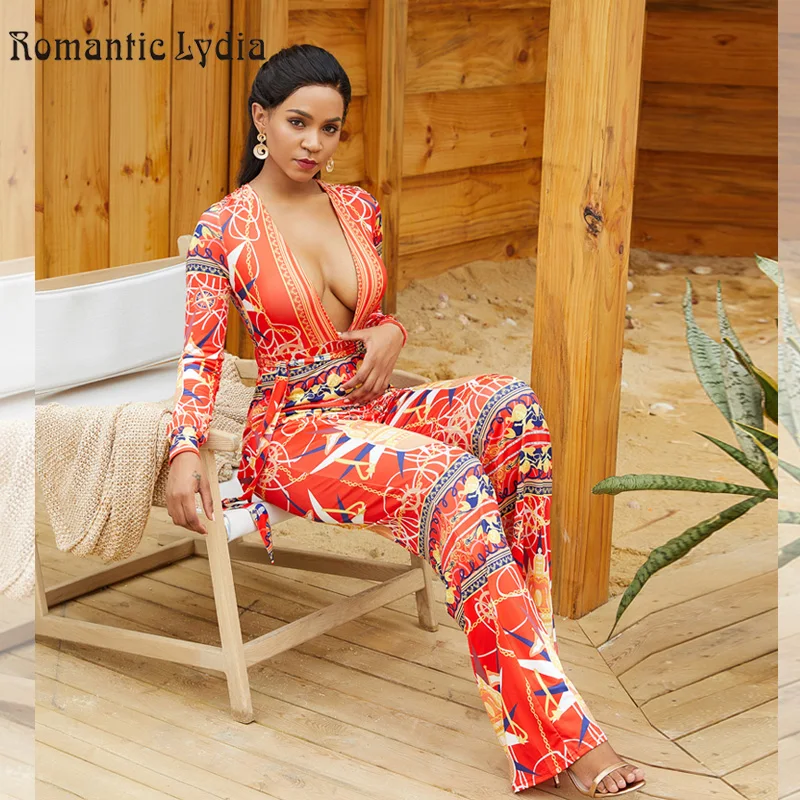 

2018 Fashion Sexy Women V Neck Autumn Long Sleeve Colorful Print Club Party Casual Jumpsuits Wide Leg Pants Jumpsuit