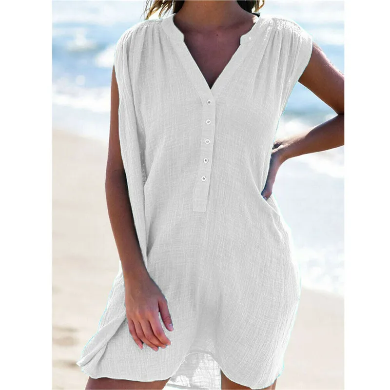 Новинка, женское Короткое мини-платье с v-образным вырезом на пуговицах, купальник, накидка, летнее пляжное льняное Повседневное платье-сарафан без рукавов - Цвет: Белый