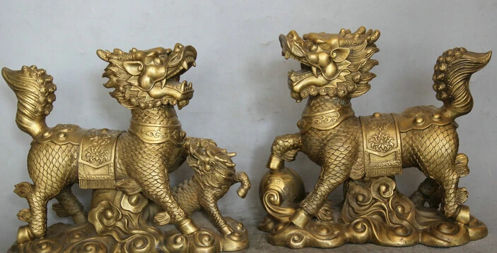 

JP S0524 10" Chinese Brass Folk mother and son Kylin Chi-lin Qilin sculpture Statue Pair