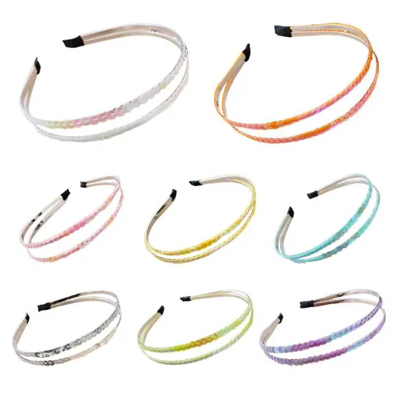

Korean Style Women Girls Sweet Candy Color Headband Shimmer Two Row Sequins Metal Alloy Hair Hoop Casual Beach Headpiece