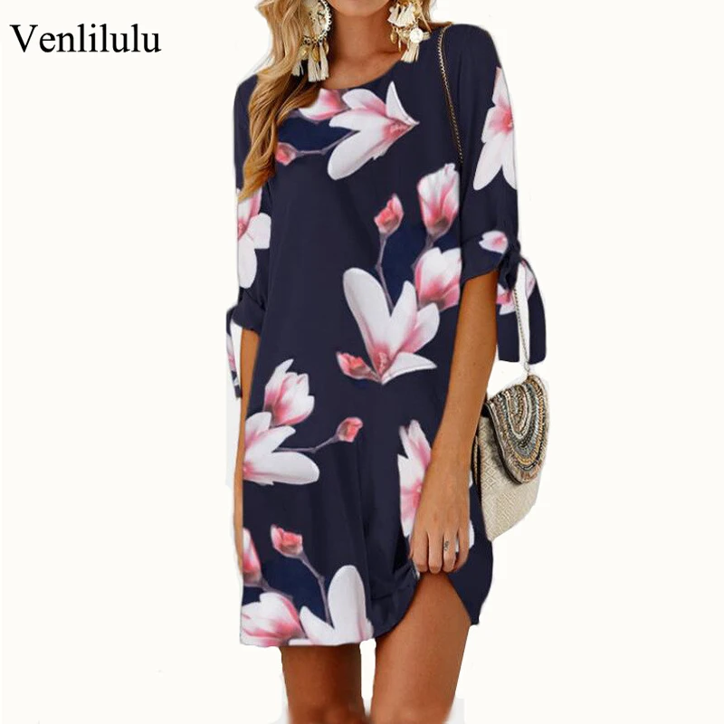 

Venlilulu Bohemian Mini Dress Female Print Flower Beach Dresses for Women Floral Boho Dress Women Party Loose Plus Size 4XL 5XL