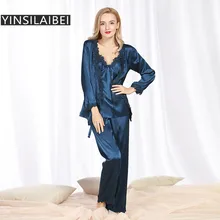 3 шт./компл. весенне-осенние женские пижамы шелковые атласные пижамы Ночная рубашка Кружева v-образным вырезом Женская одежда для сна сплошной цвет SY145#10