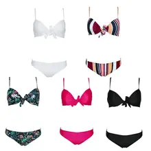 Womens Sexy Bikini Set Tie Knot Front Push Up Underwire Bra Contrast Vertical Stripes Printed Swimsuit Bottoms Beachwear rib knot front bikini set