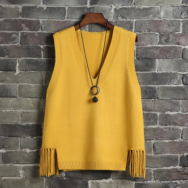 

Casual women girls lady Spring autumn V-neck Solid color Tassel waistcoat female student knitted Sleeveless sweater loose vest