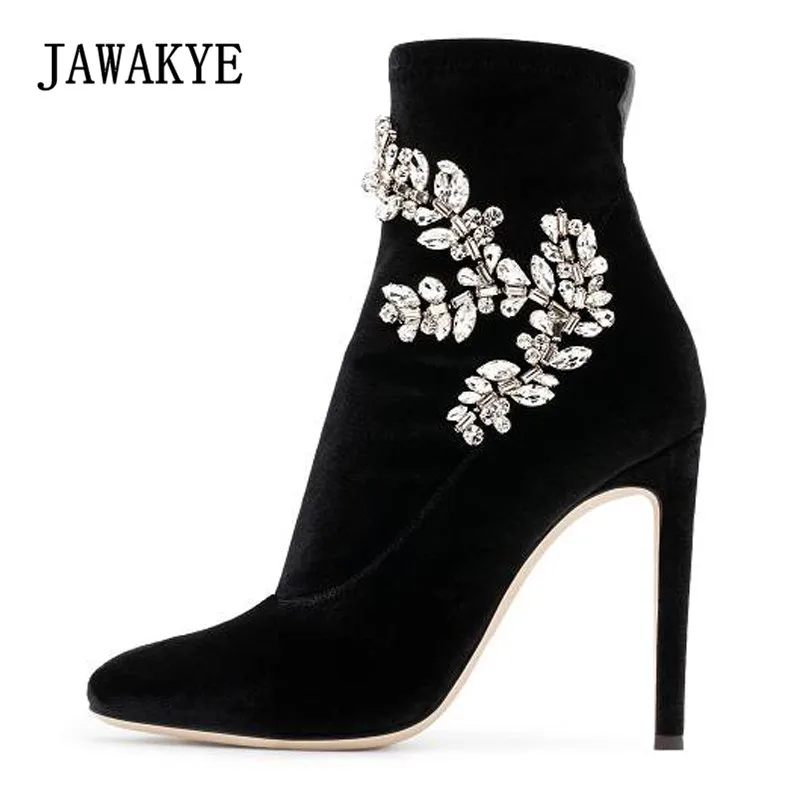 De Talon Noir Bout Sexy pu Fleur Rouge Femmes Velours Cristal rouge Pointu Cheville Luxe bleu Bottes Bleu Noir Strass Aute Ciel Femme 2018 qt5nZZ