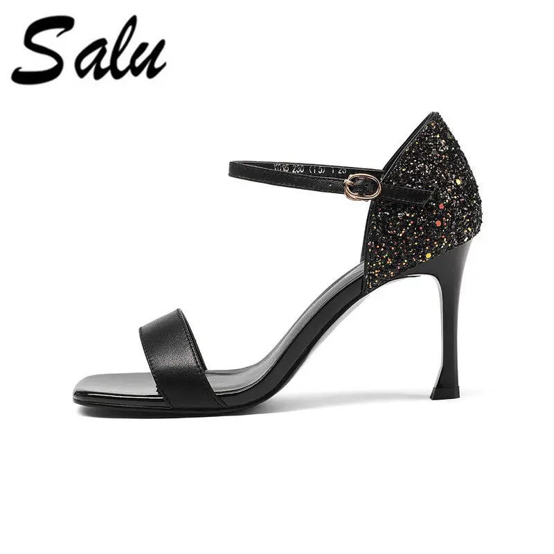 

Salu 2019 top quality genuine leather women sandals sexy peep toe party wedding shoes simple buckle high heel shoes woma