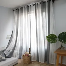 SunnyRain 1-Piece Linen Cotton White Grey Striped Sheer Curtain For Living Room Translucidus Tulle For Bedroom Drape