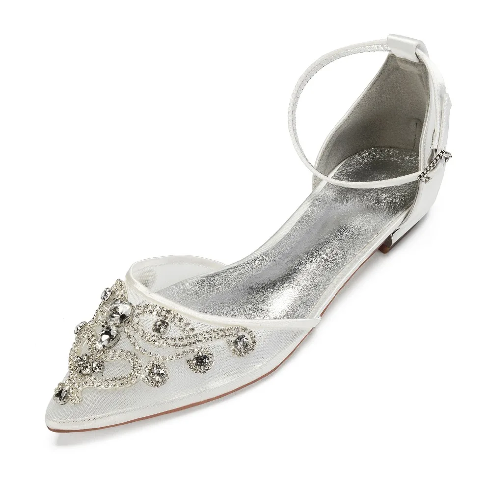 Elegant bridal wedding flat shoes pointed toe ankle strap crystal ...