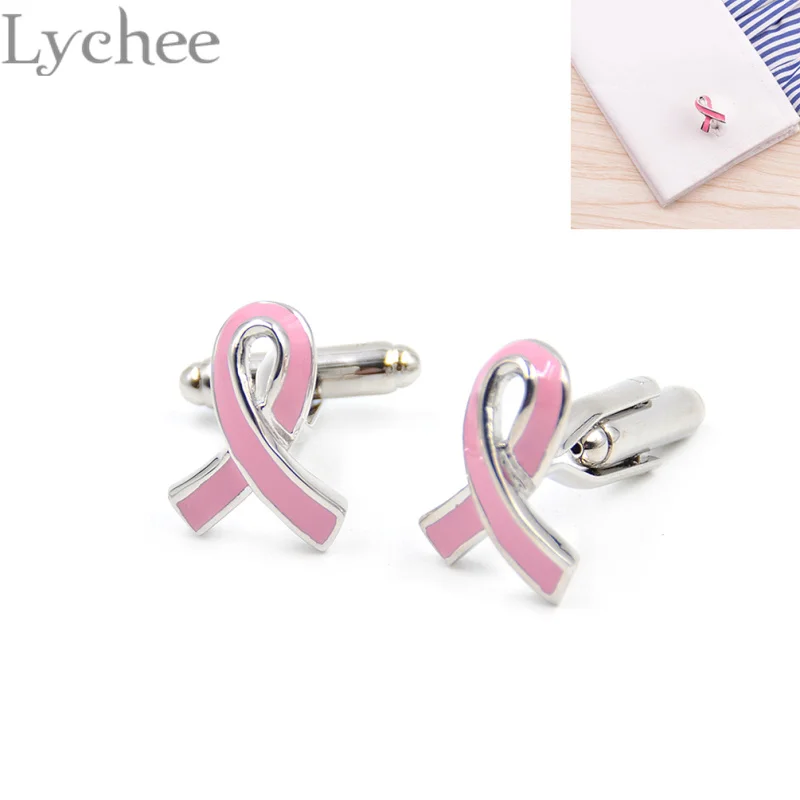 

Lychee 1 pair Enamel Pink Ribbon Cufflinks Cancer Care Symbol Alloy Shirts Cuff Links Sleeve Button for Men Women