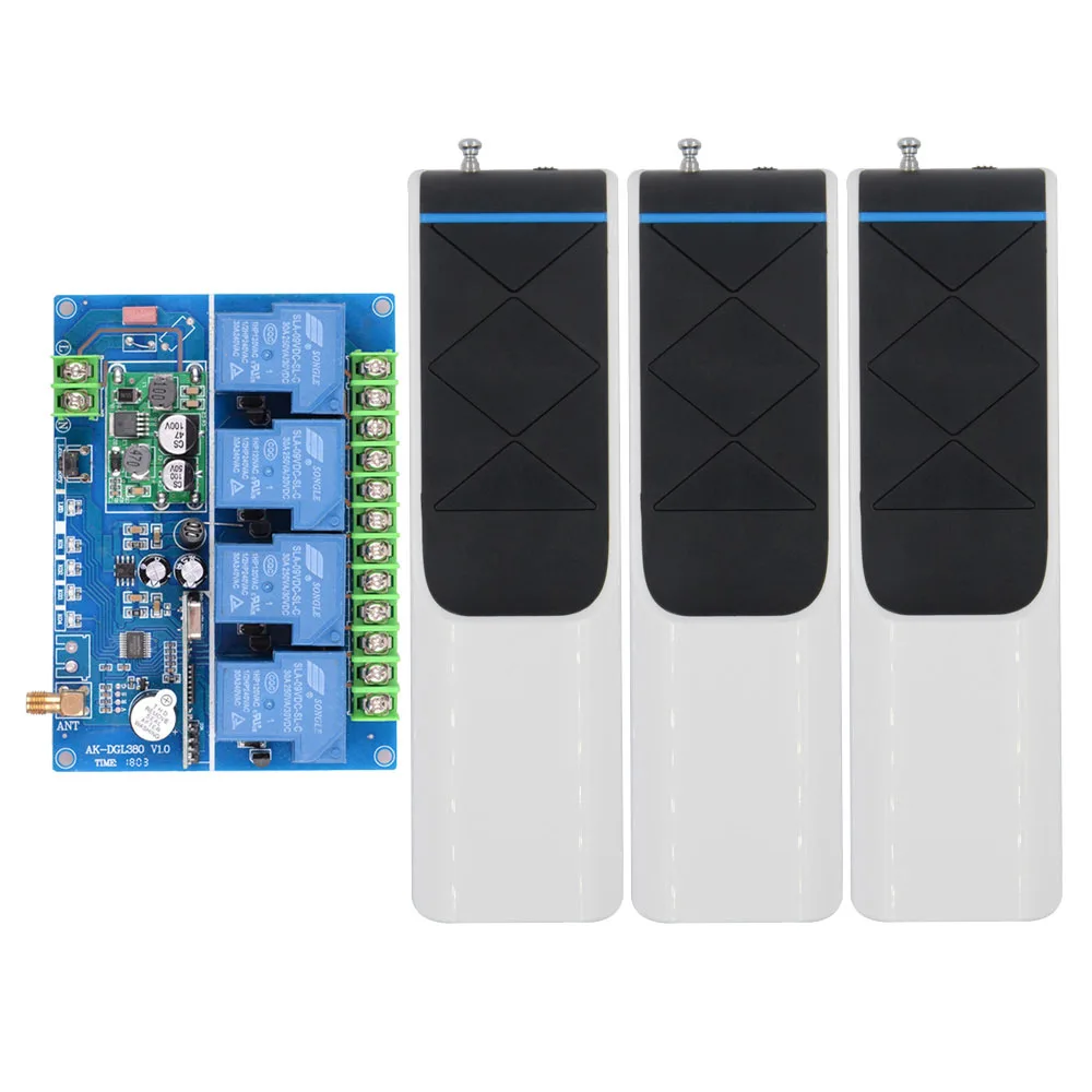 

DC 12V 24V 48V 30A 4CH High Load 433Mhz Wireless Remote Control Switch LED Lamp Motor Waterpump Power Remote 3000M