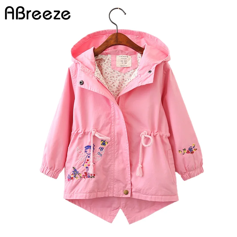 

2018 Autumn Flower Embroidered girls top clothing cotton hooded children trench for girls color red green jackets girls