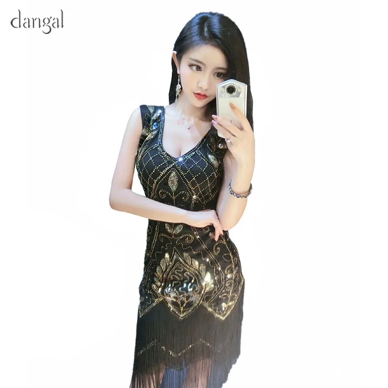 

Dangal Embroidery Tassel Dress Sequin Bodycon Dress Women Summer Dress 2018 Party Short Corsetted Party Dress Slinky Golden