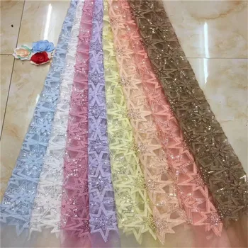 

Latest Nigerian Tulle Lace 2019 French Net Beaded sequins Lace Fabric For Nigerian Wedding Embroidery African Lace Fabric white