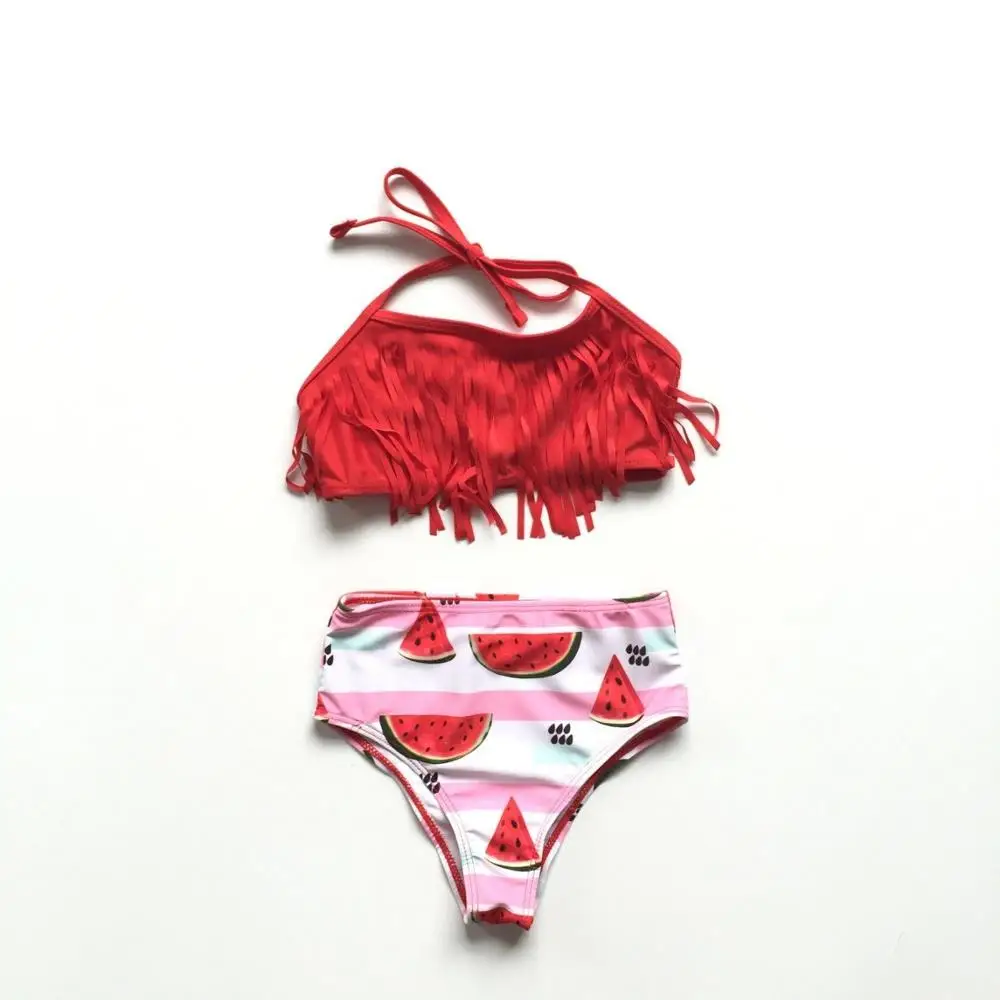 

new arrivals baby girls toddler red stripe watermelon short set 2-piece Swimsuit Tassels outfits boutique kids