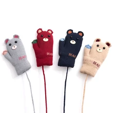 Теплые Зимние флисовые перчатки с рисунком милого медведя с веревкой для маленьких мальчиков и девочек, Зимние перчатки для новорожденных, варежки для детей