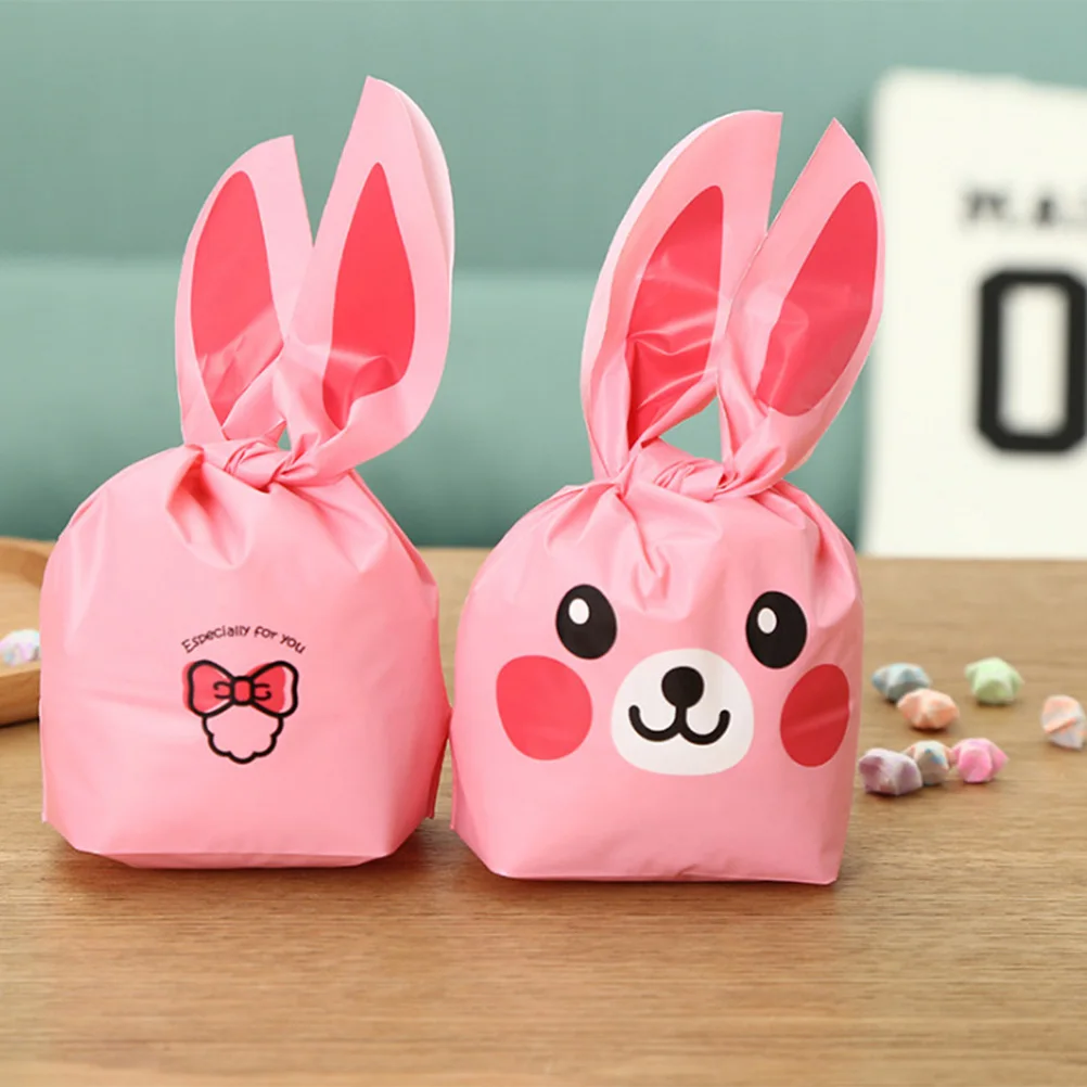 

50pcs Lovely Rabbit Candy Bags Plastic Goodies Treats Bakery Favors Bags For Birthday Christmas Baby Shower Party Supplies(Pink)