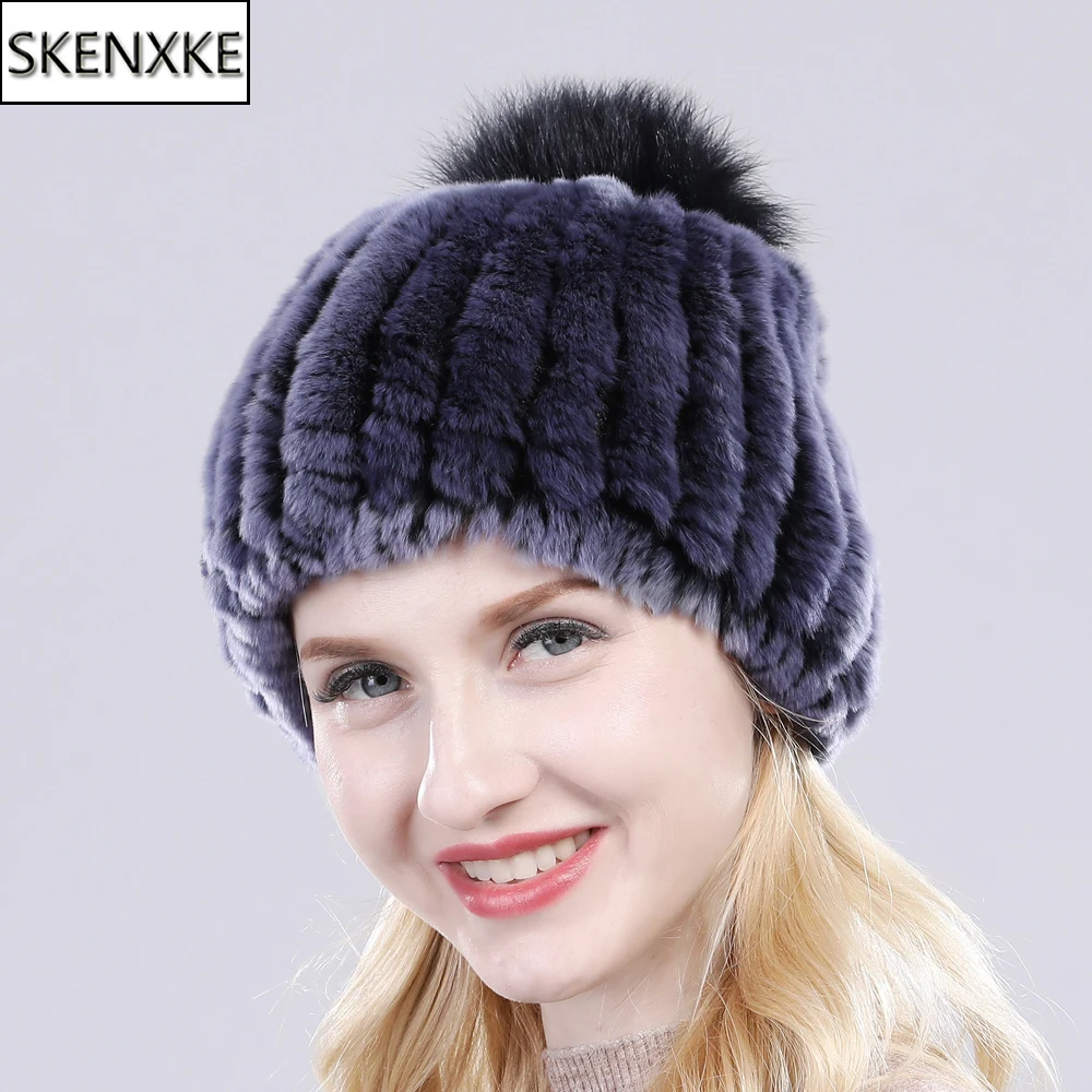 

2019 Knitted Rex Rabbit Fur Beanies Hats Women Real Rex Rabbit Rur Hat Quality 100% Real Genuine Rex Rabbit Fur Fox Fur Ball Cap