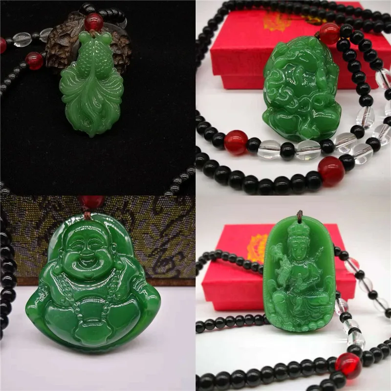 Обсидиан удача Будды и рыбы и отважных солдат зеленое ожерелье с бусинами из камней свитер падение кулон лучшее качество для мужчин женщин ювелирные изделия