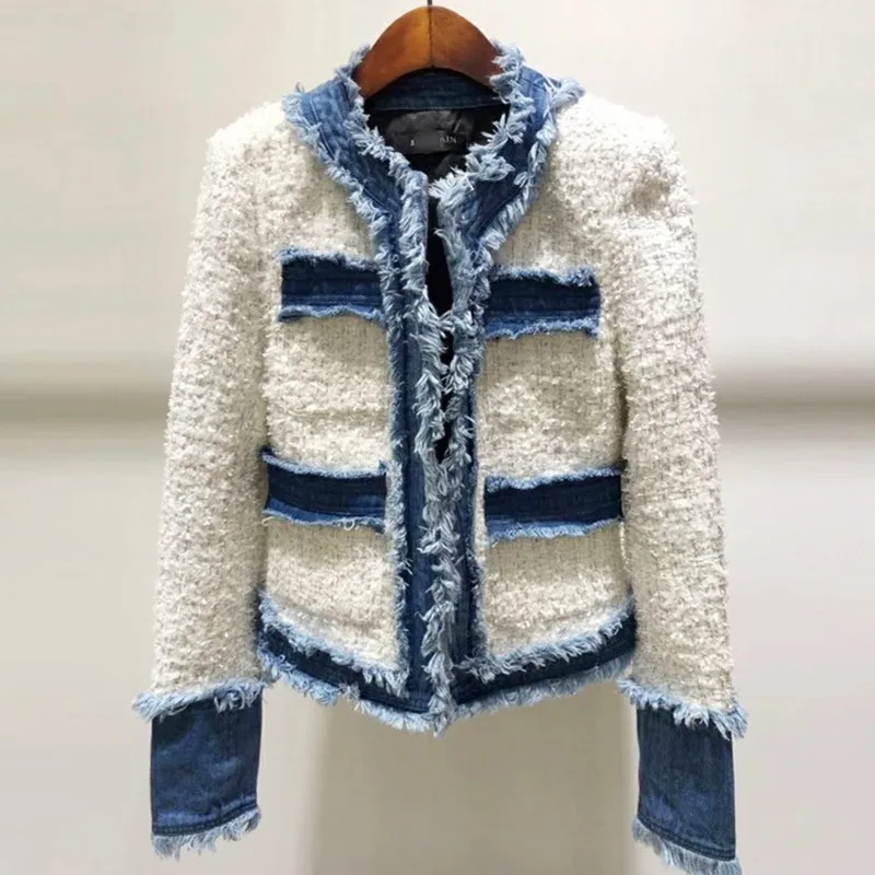 TWOTWINSTYLE Лоскутная джинсовая куртка для Для женщин с круглым вырезом и длинными