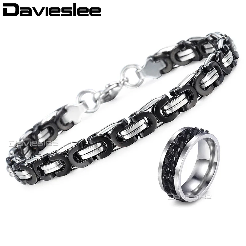 

Mens Bracelet Ring Jewelry Set Stainless Steel Black Byzantine Chain Bracelets for Men Wedding Rings for Men Fashion DKB254KR142