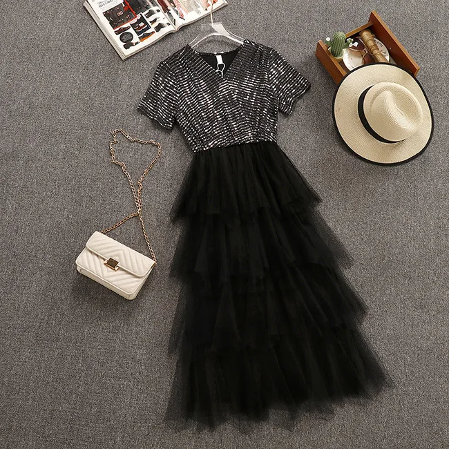 

Oshangchaopin Women Summer Chic Sparkling Mesh Patchwork Cake Long Dress Elegant V-Neck Short Sleeve Party Dress Vestidos